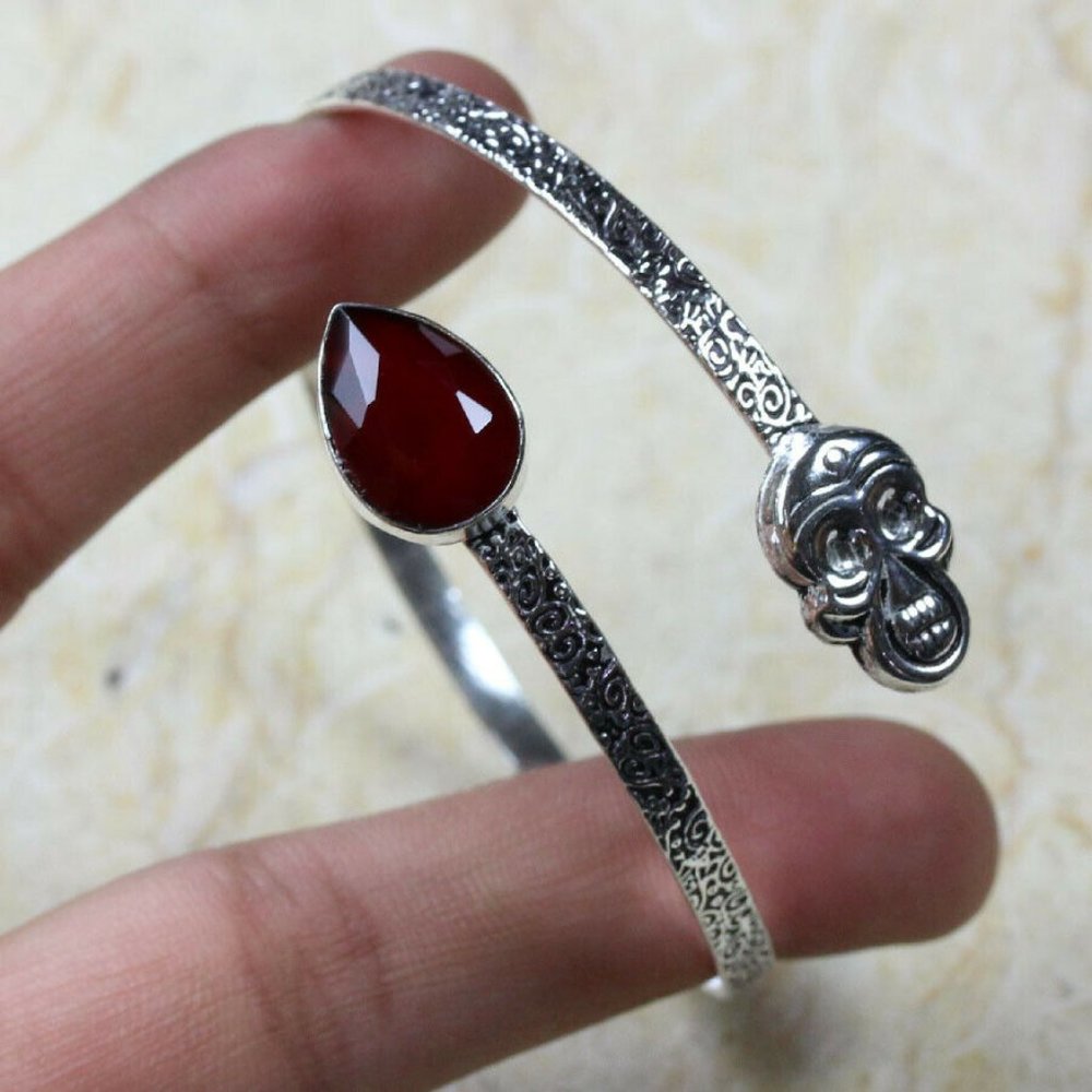 Handmade Ruby Skeleton Head 925 Silver Bracelet